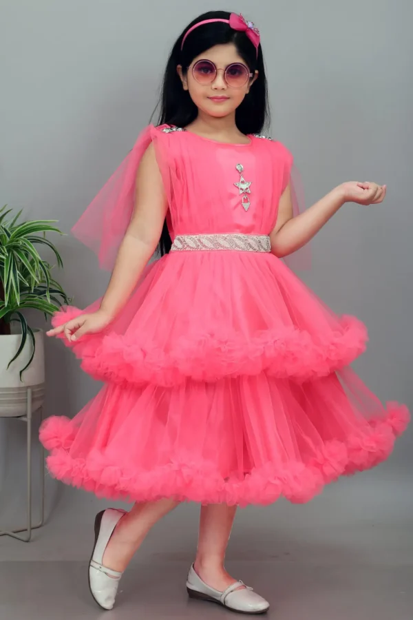 Girls Net Frock - Light Red Party Wear Dress - Image 3