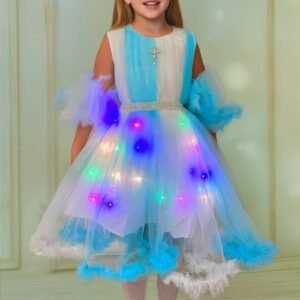 Lighting Dress Girls Aqua Blue and White Stylish Net Gown Frock
