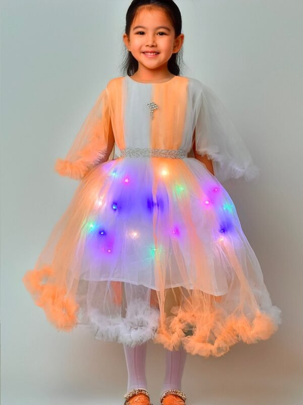 Lighting Dress Girls Peach and White Stylish Net Gown Frock